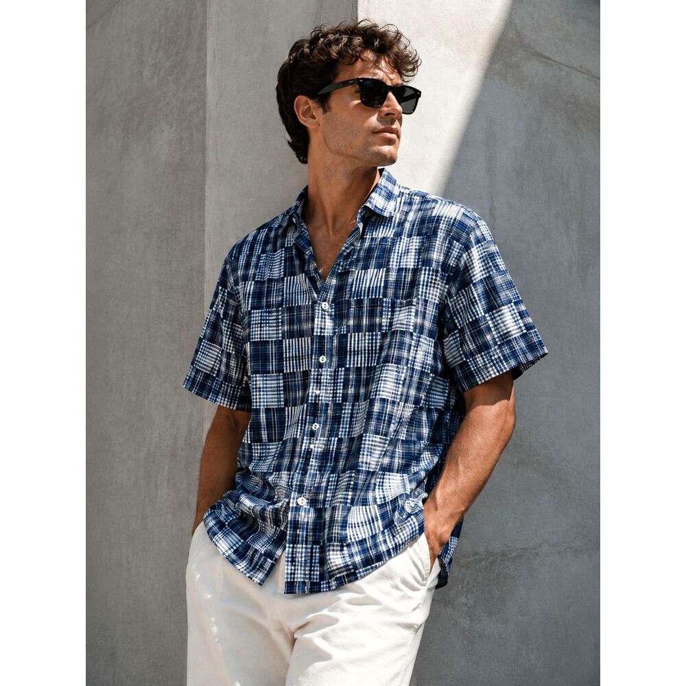 Tommy Bahama Men’s XXL Blue Plaid Patchwork Cotton Short Sleeve Button Up Shirt